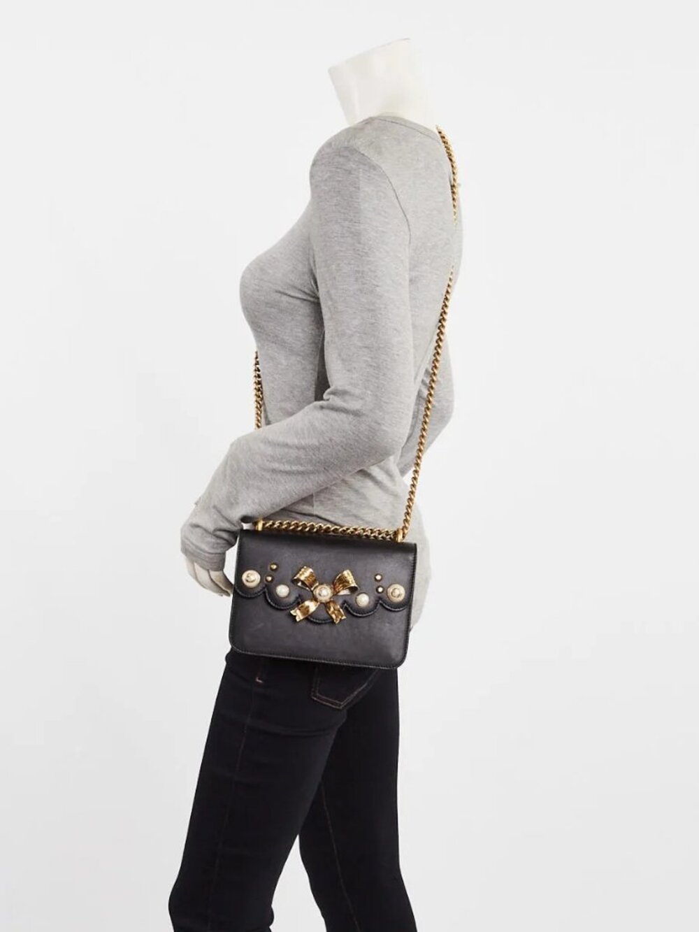 Gucci Black Leather Peony Small Bow Faux Pearl Chain Shoulder Bag